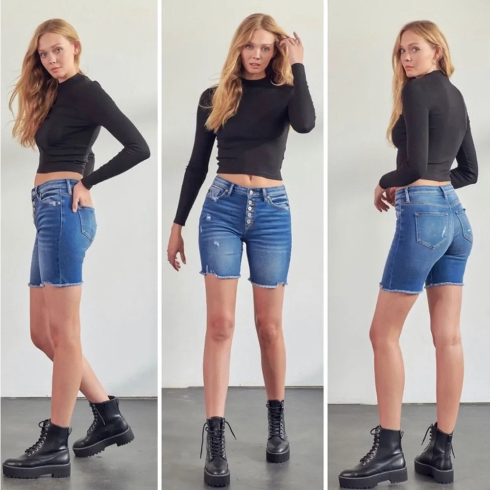 KanCan High Rise Button Fly Frayed Hem Denim Jean Long Shorts Women’s Sizes NWT